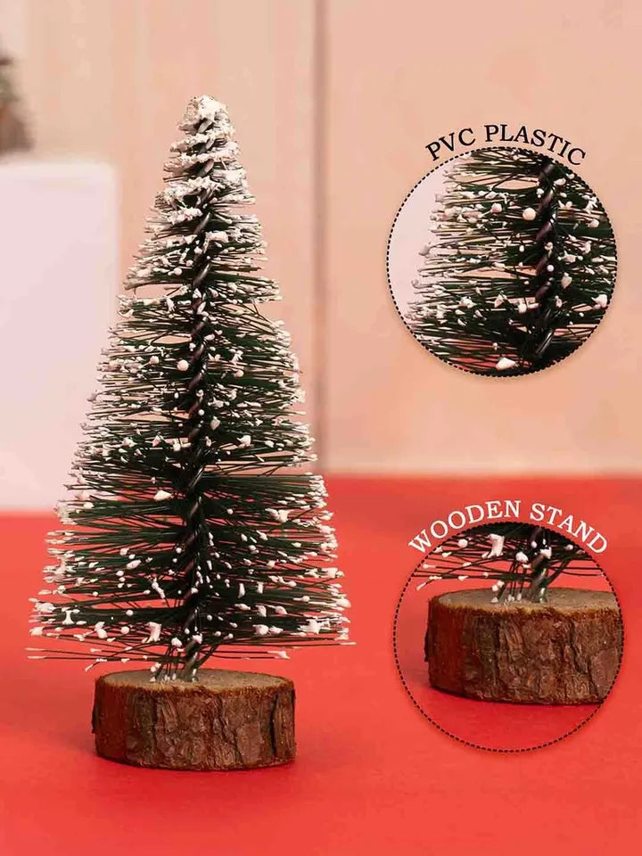 Mini Snow-Frosted Christmas Tree with Wooden Stand | Tabletop Decoration for Home, Office & Events